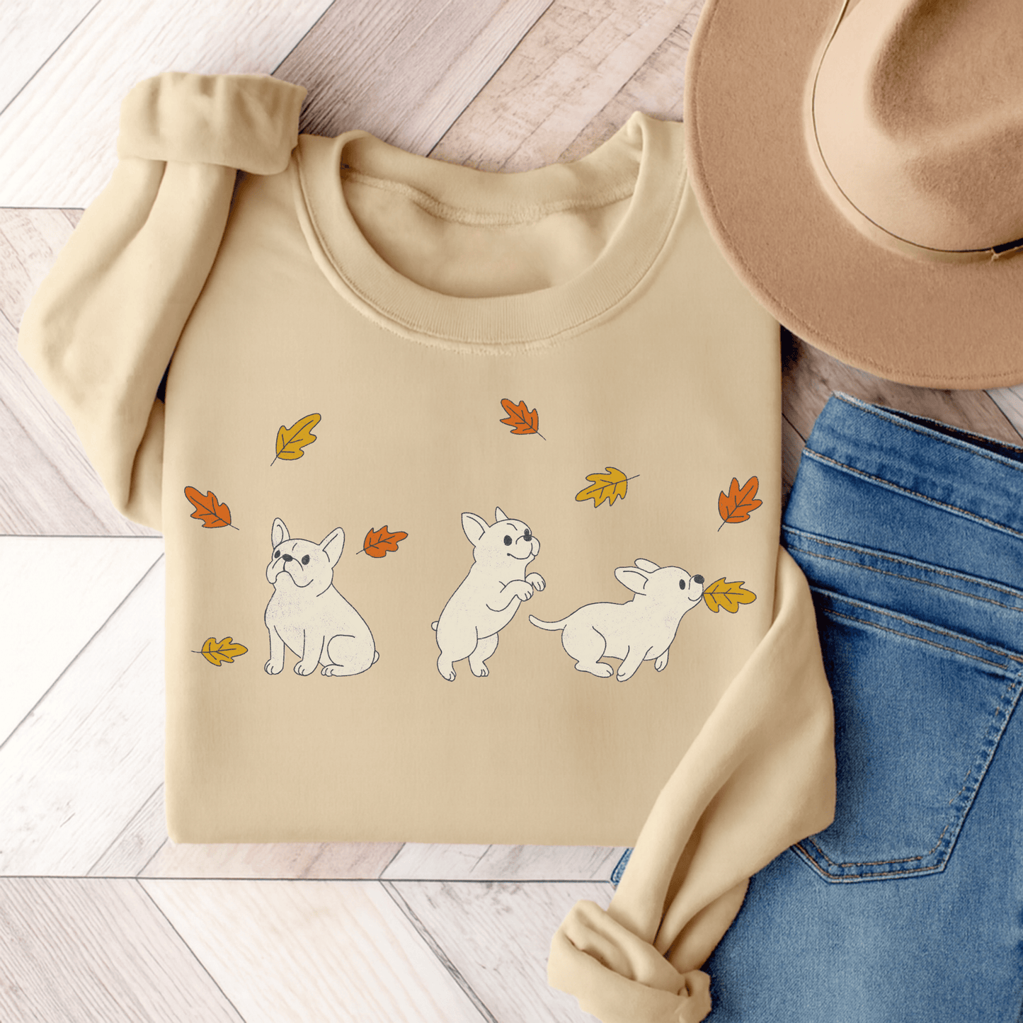 White Frenchie Chasing Leaves Sweatshirt Sand