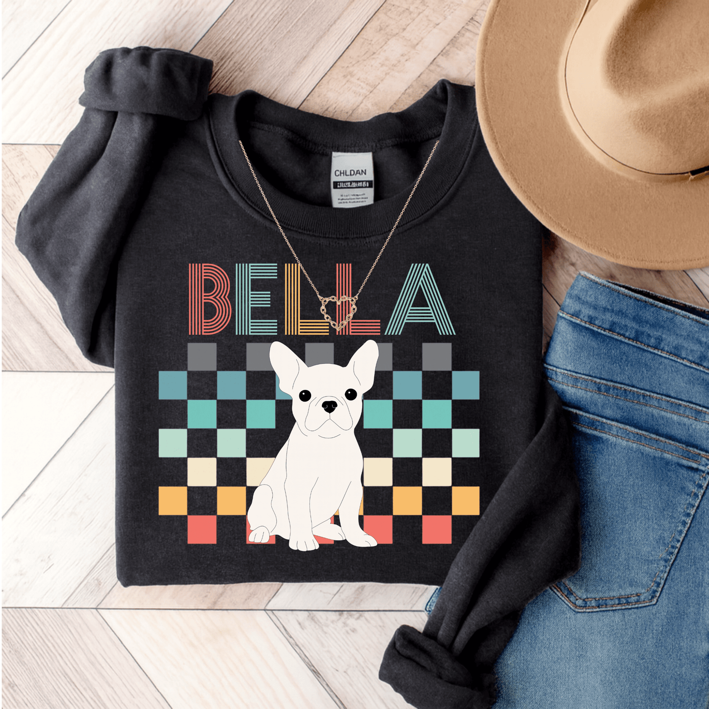 White Frenchie Checkered Sweatshirt Dark Heather