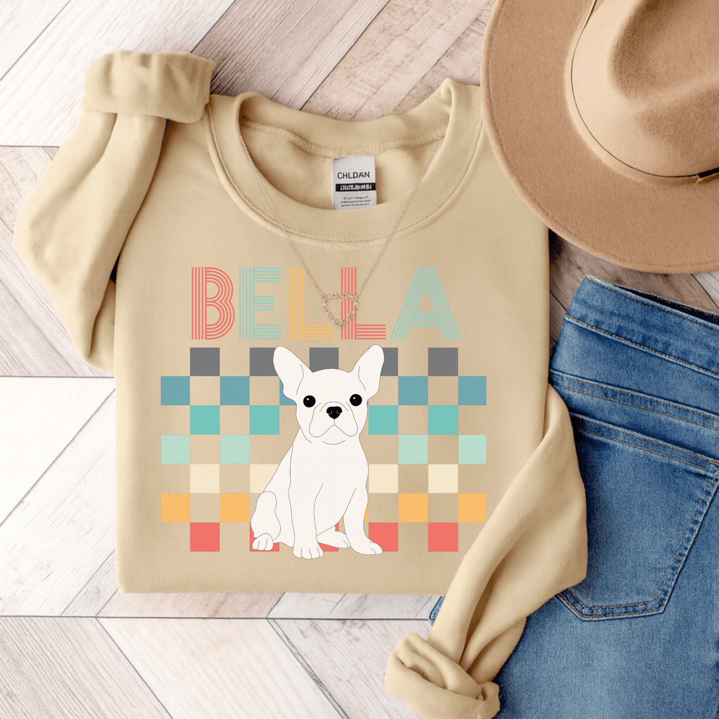White Frenchie Checkered Sweatshirt Sand