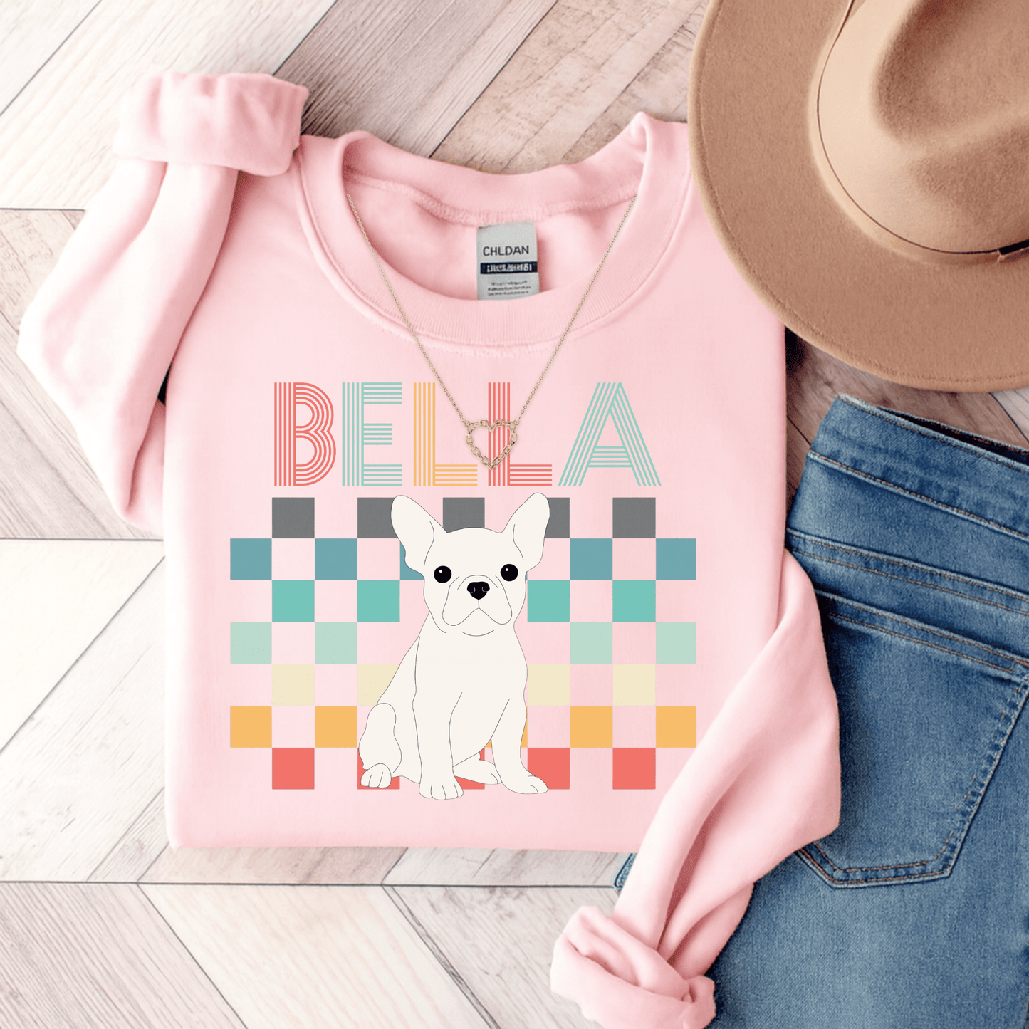White Frenchie Checkered Sweatshirt Light Pink