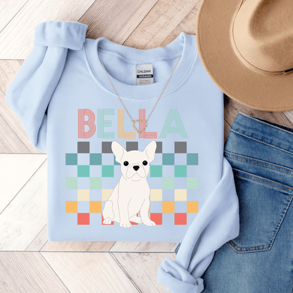 White Frenchie Checkered Sweatshirt Light Blue