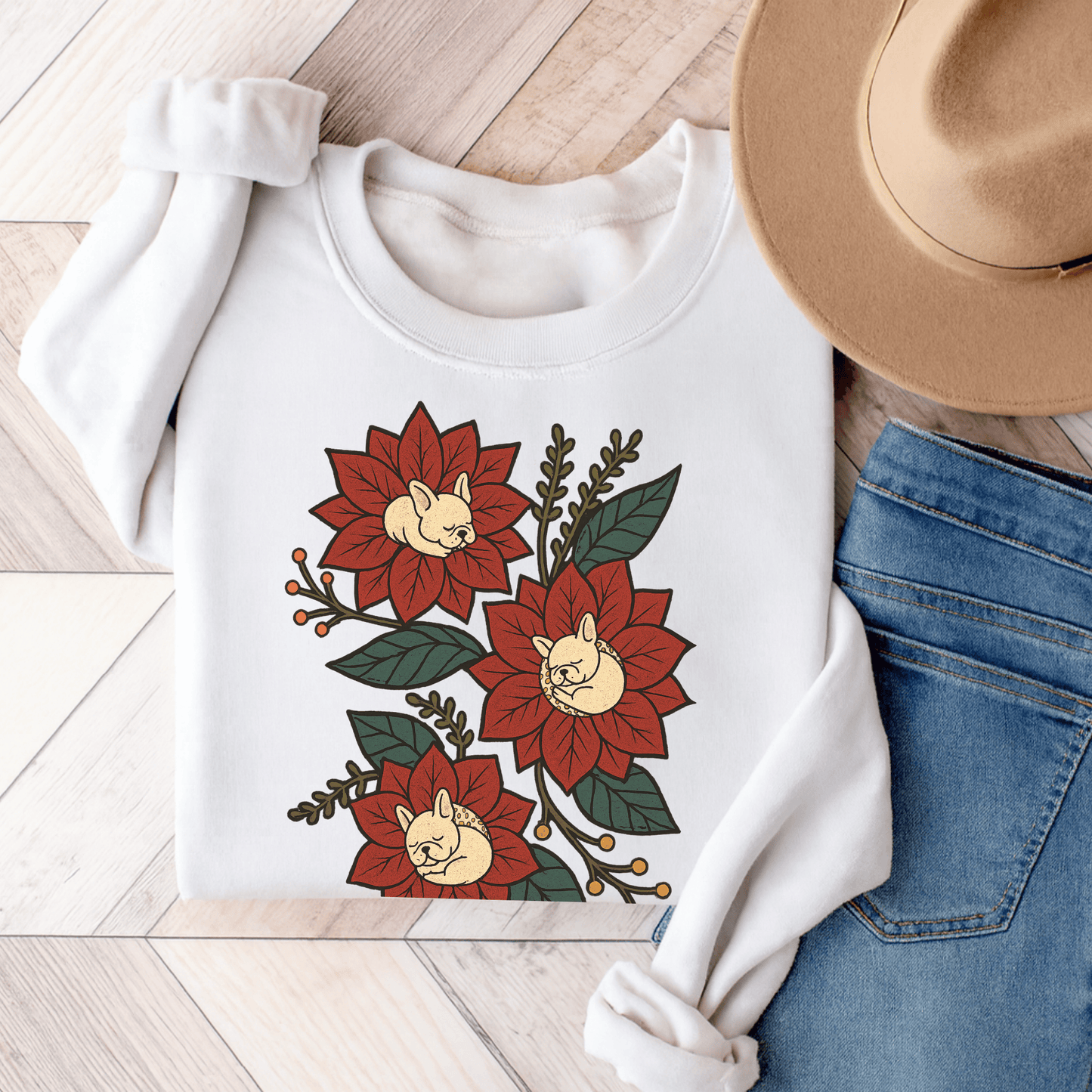 White Frenchie Christmas Flower Sweatshirt White