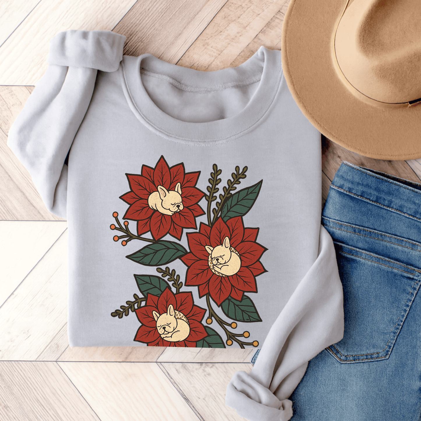 White Frenchie Christmas Flower Sweatshirt Ash