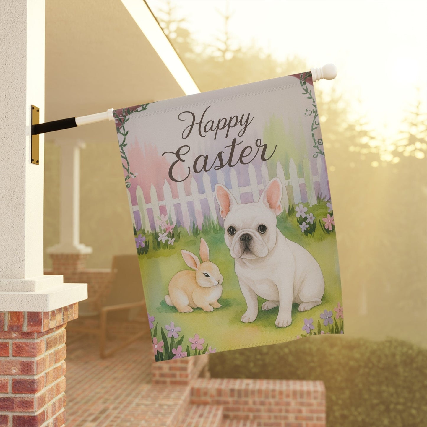 White Frenchie Elegant Easter Garden Flag