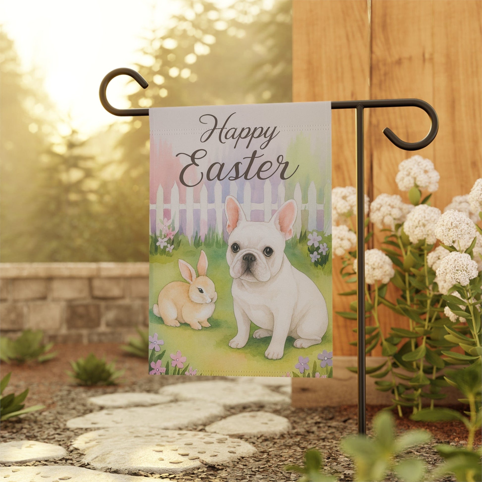 White Frenchie Elegant Easter Garden Flag