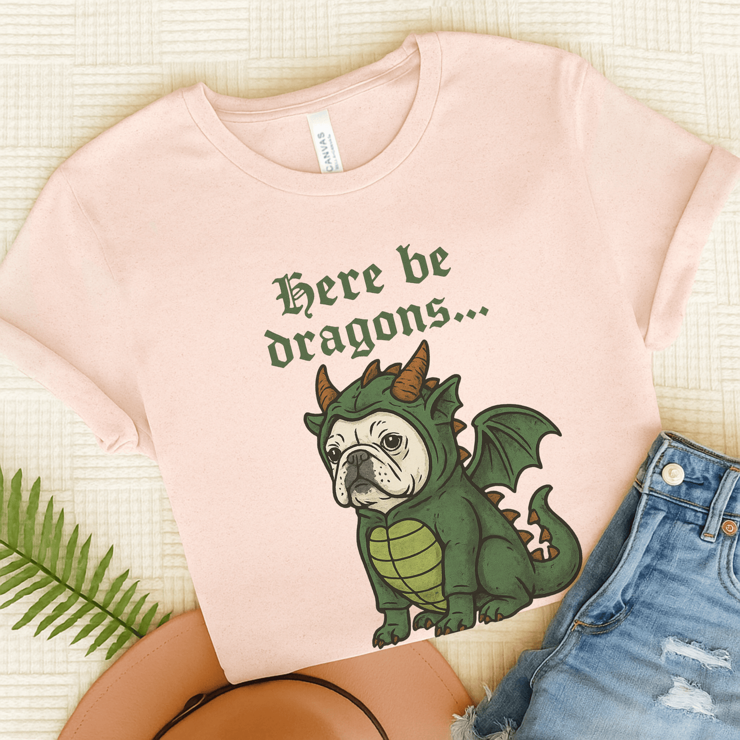 White Frenchie Here Be Dragons TShirt Soft Pink