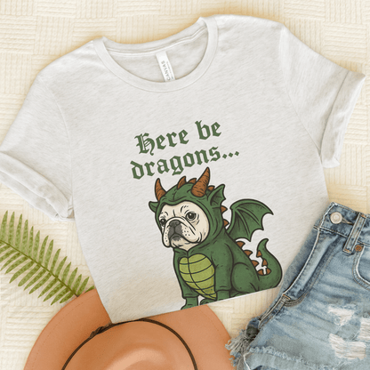 White Frenchie Here Be Dragons TShirt Ash