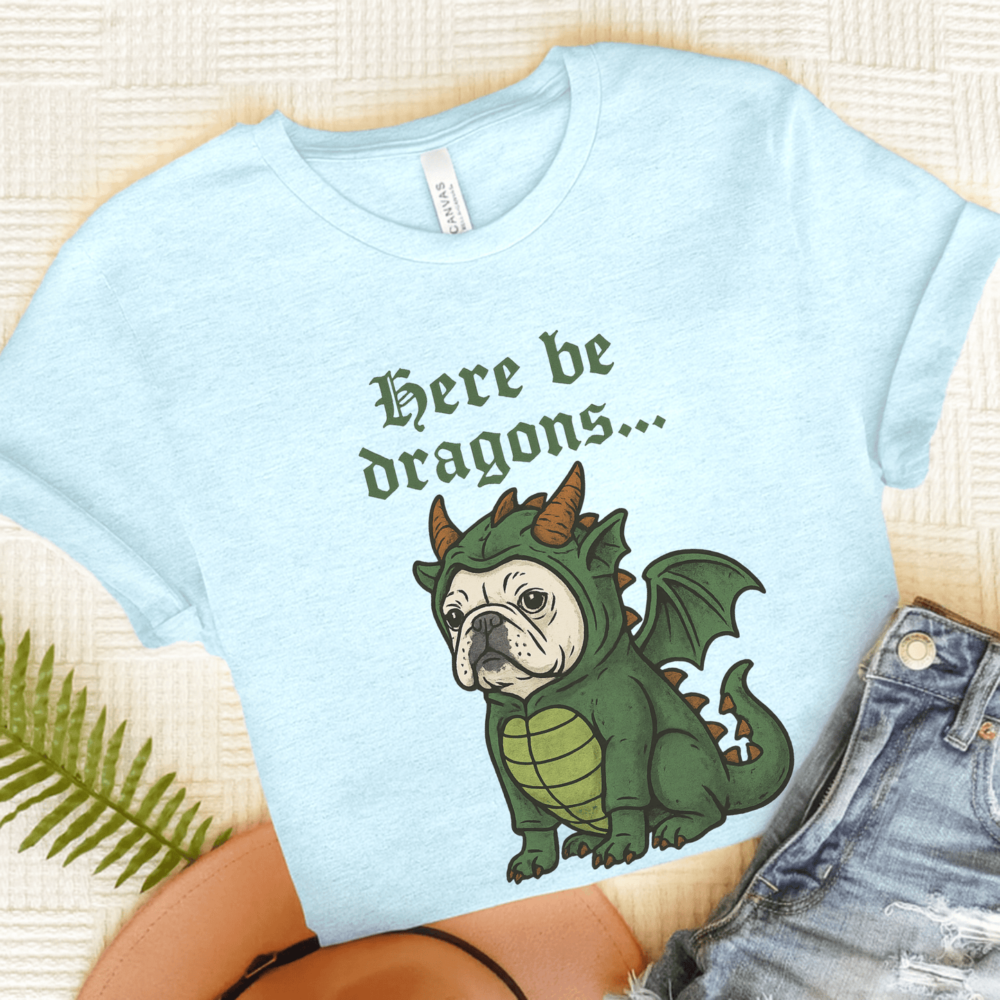 White Frenchie Here Be Dragons TShirt Heather Ice Blue