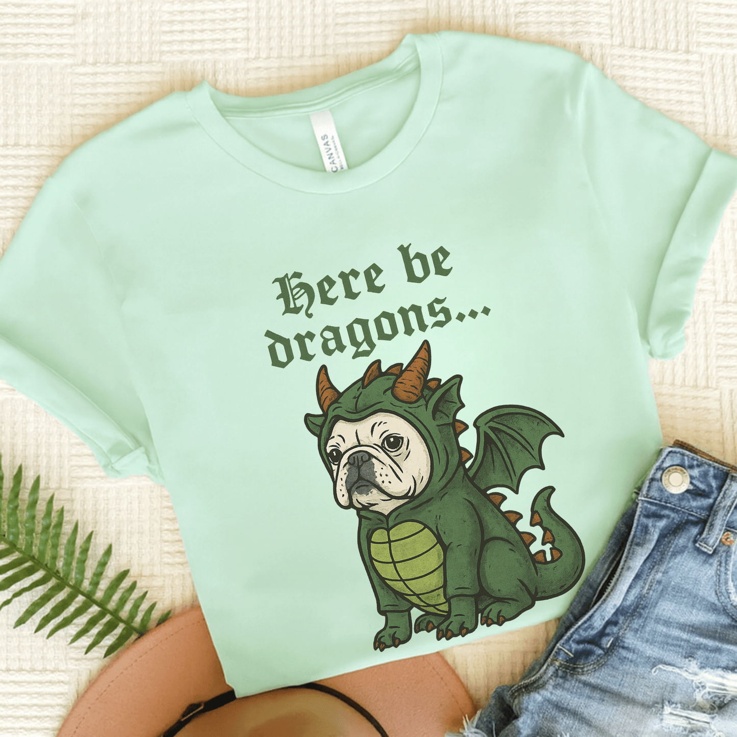 White Frenchie Here Be Dragons TShirt Heather Mint