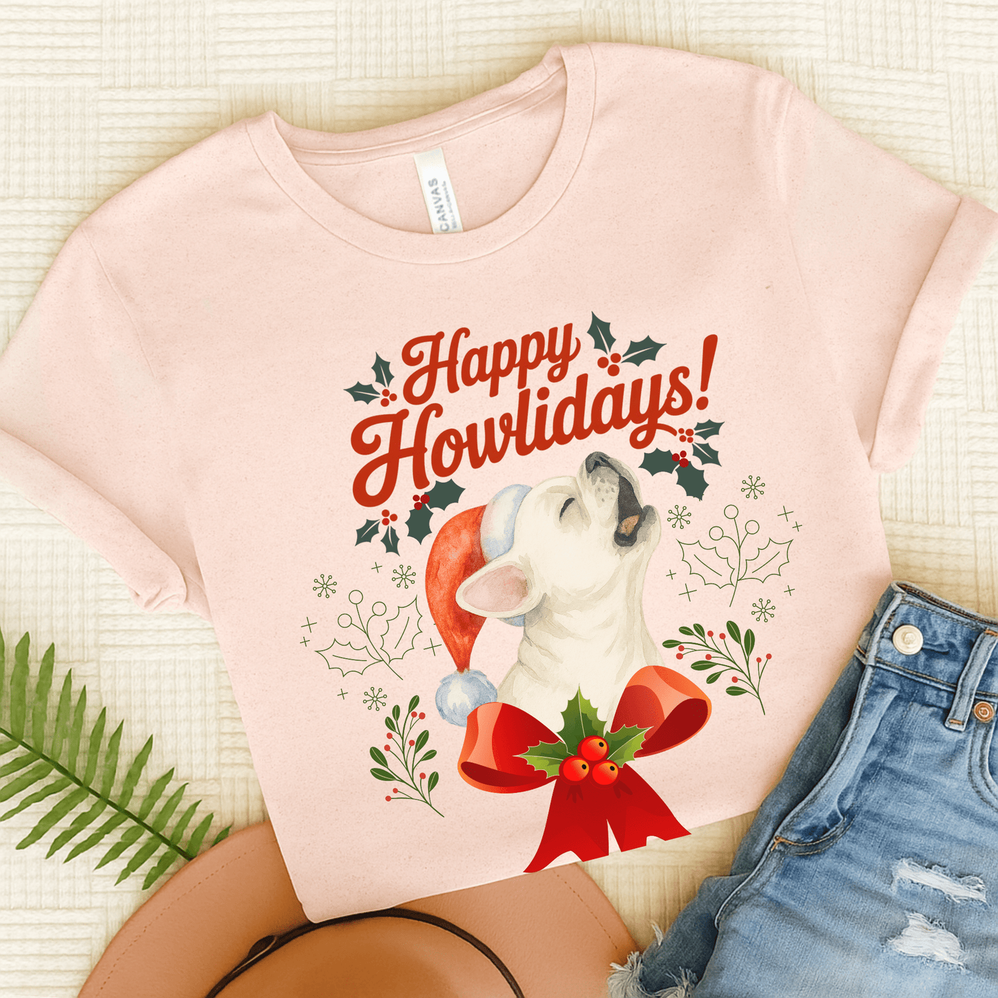 White Frenchie Howlidays TShirt Soft Pink