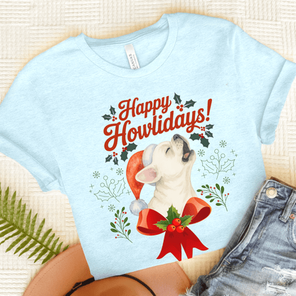White Frenchie Howlidays TShirt Heather Ice Blue