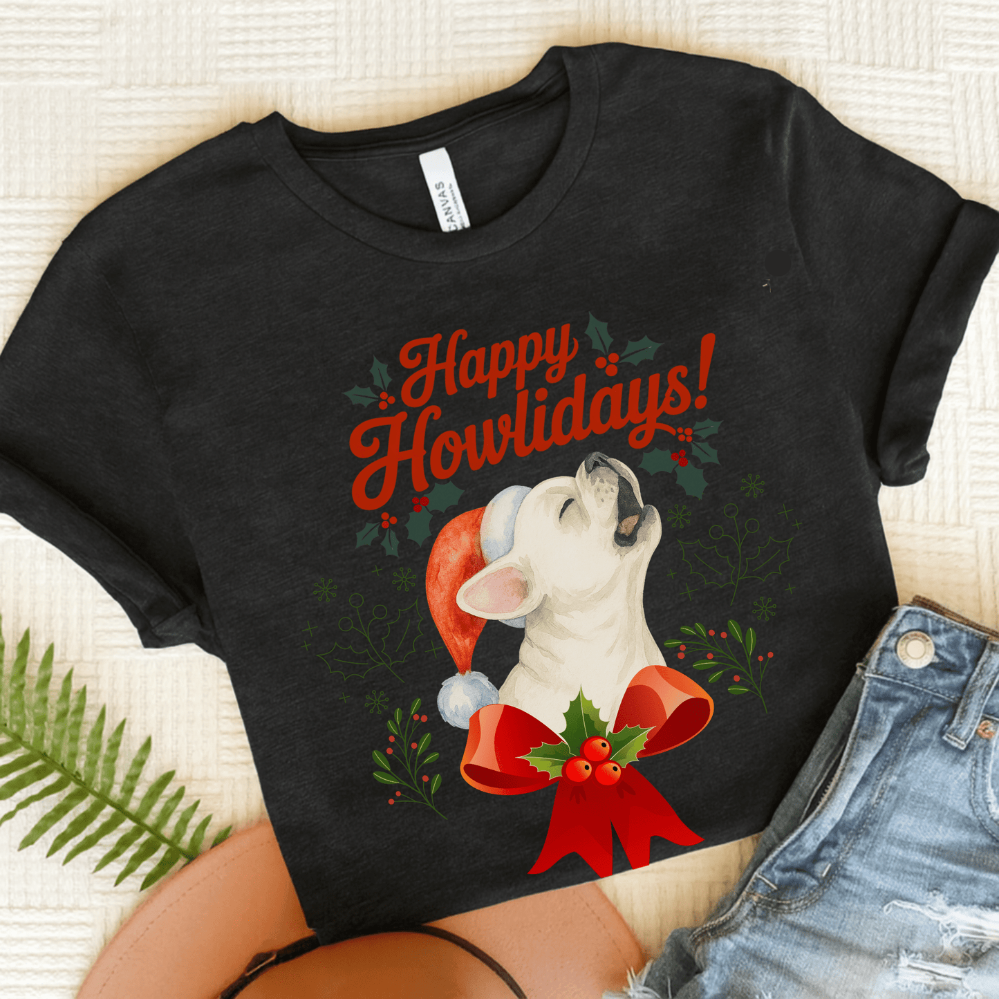 White Frenchie Howlidays TShirt Black Heather