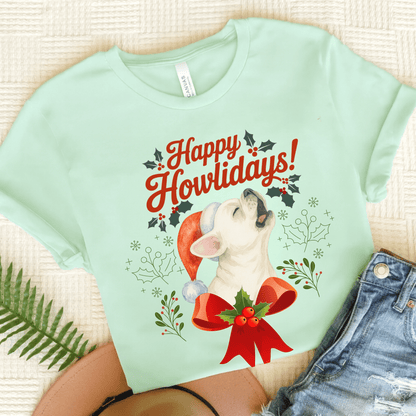 White Frenchie Howlidays TShirt Heather Mint