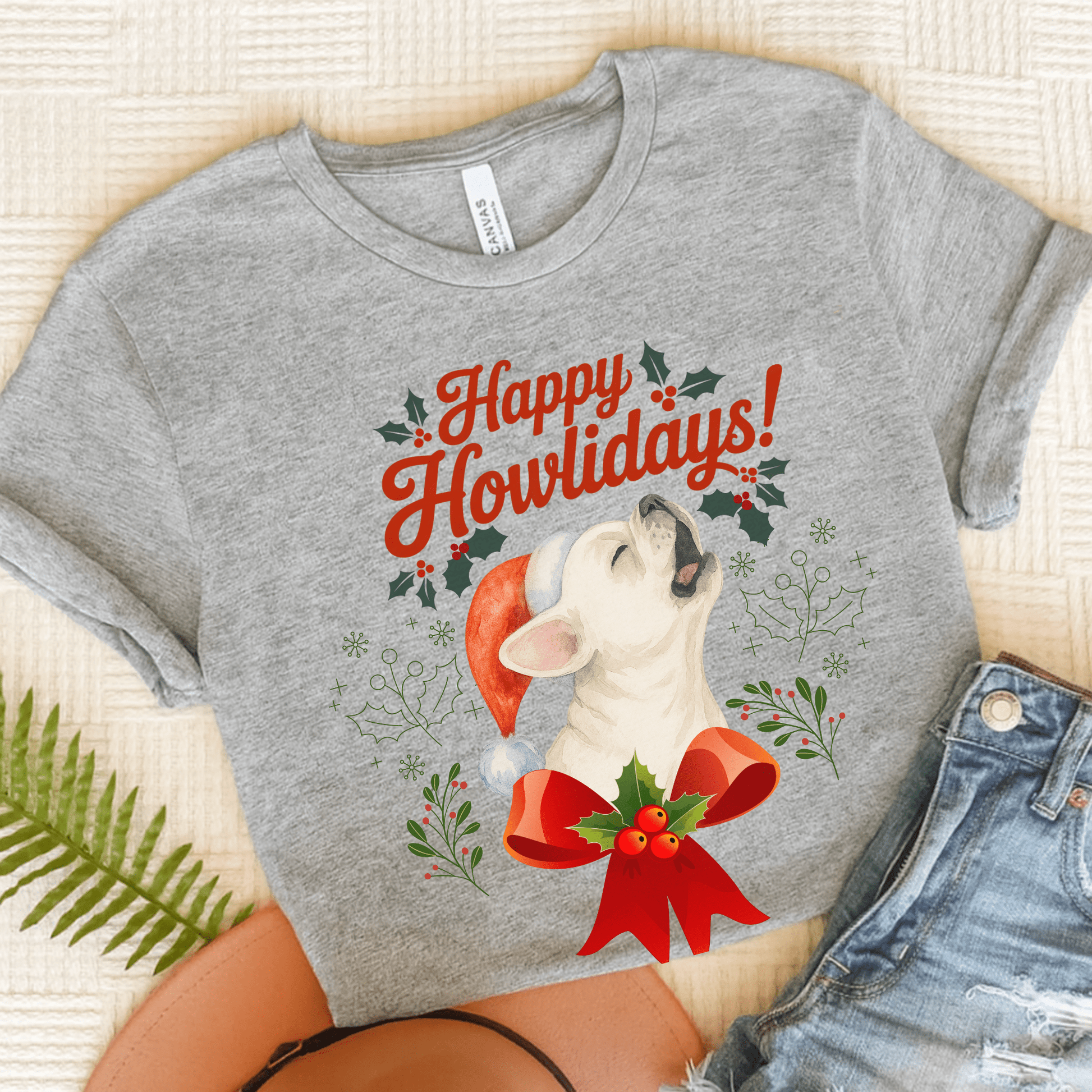 White Frenchie Howlidays TShirt Athletic Heather