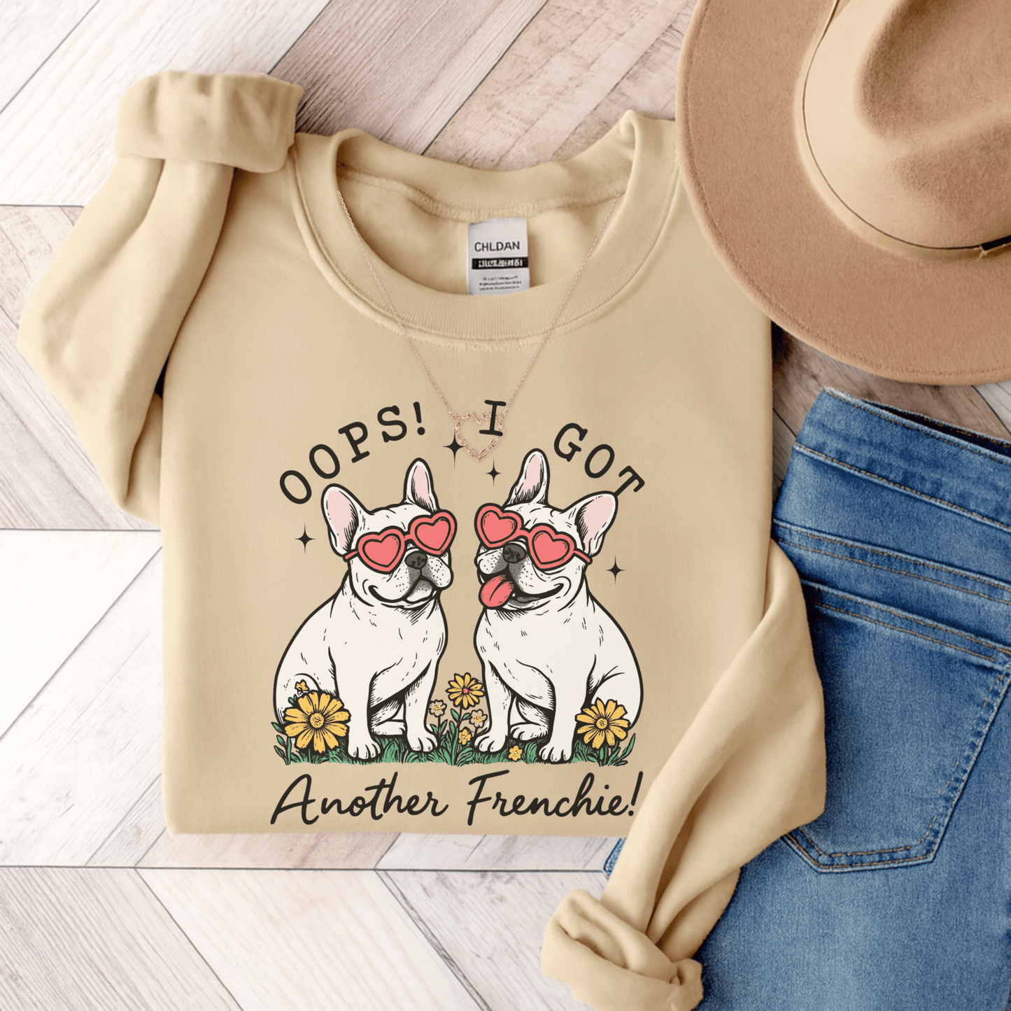 White Frenchie Oops Sweatshirt Sand