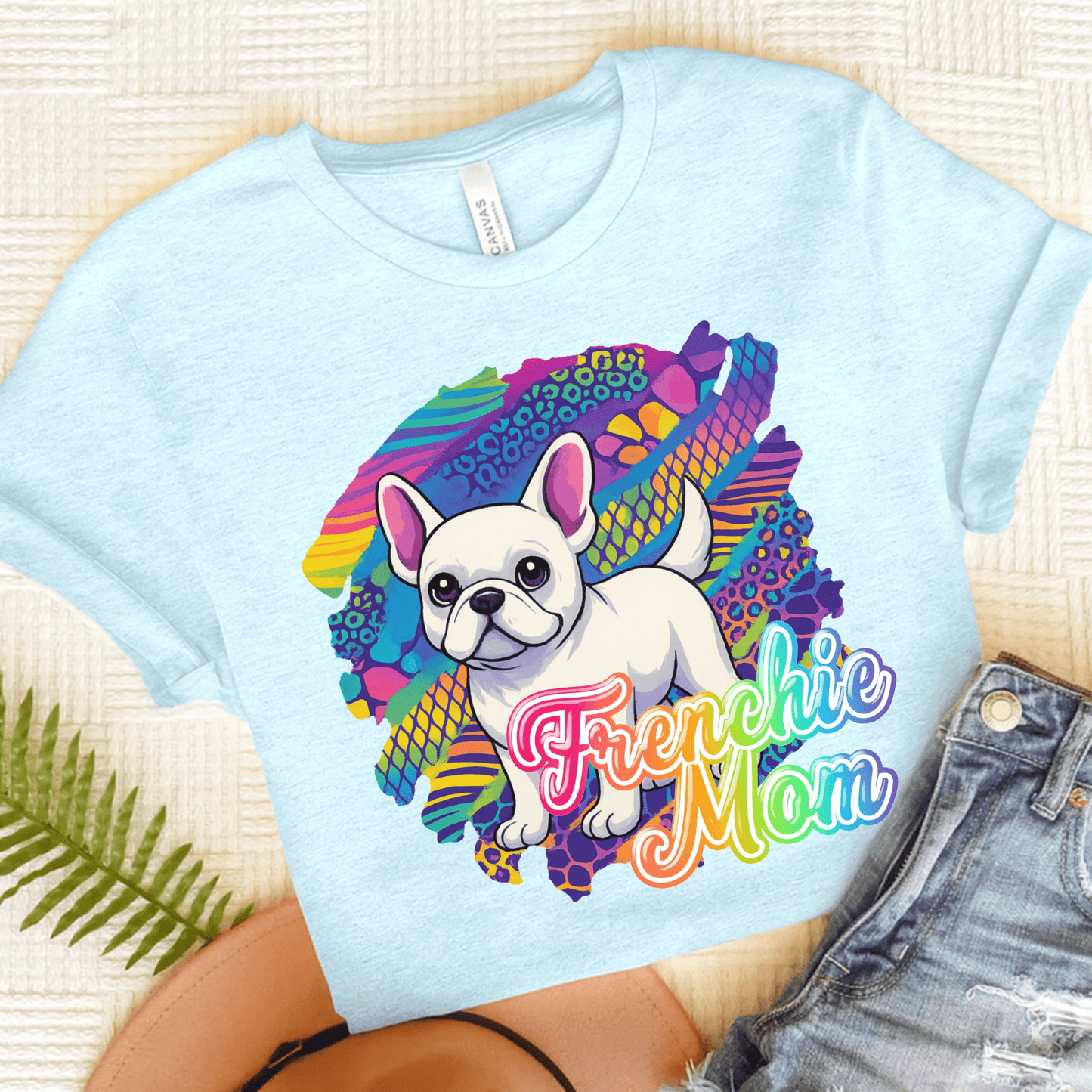 White Frenchie Retro Neon Tshirt Heather Ice Blue