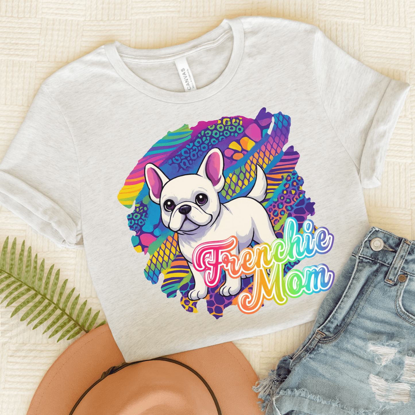 White Frenchie Retro Neon Tshirt Ash