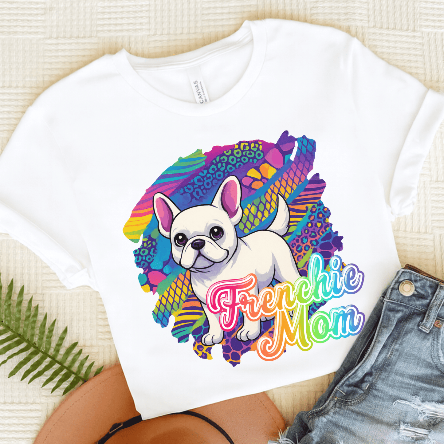 White Frenchie Retro Neon Tshirt White