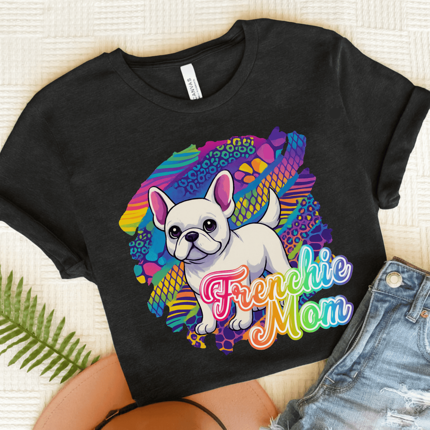 White Frenchie Retro Neon Tshirt Dark Grey Heather