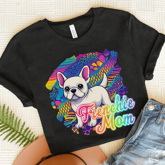 White Frenchie Retro Neon Tshirt Dark Grey Heather