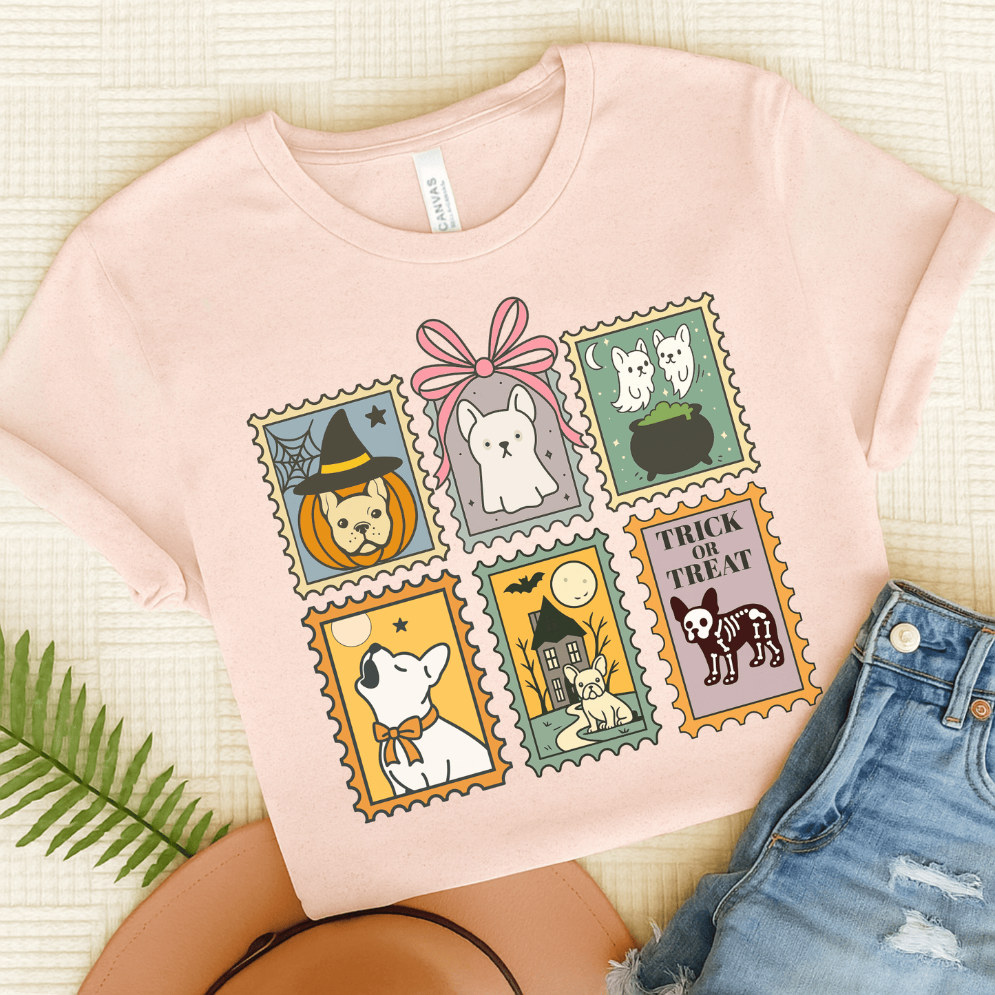 White Frenchie Spooky Stamps TShirt Soft Pink