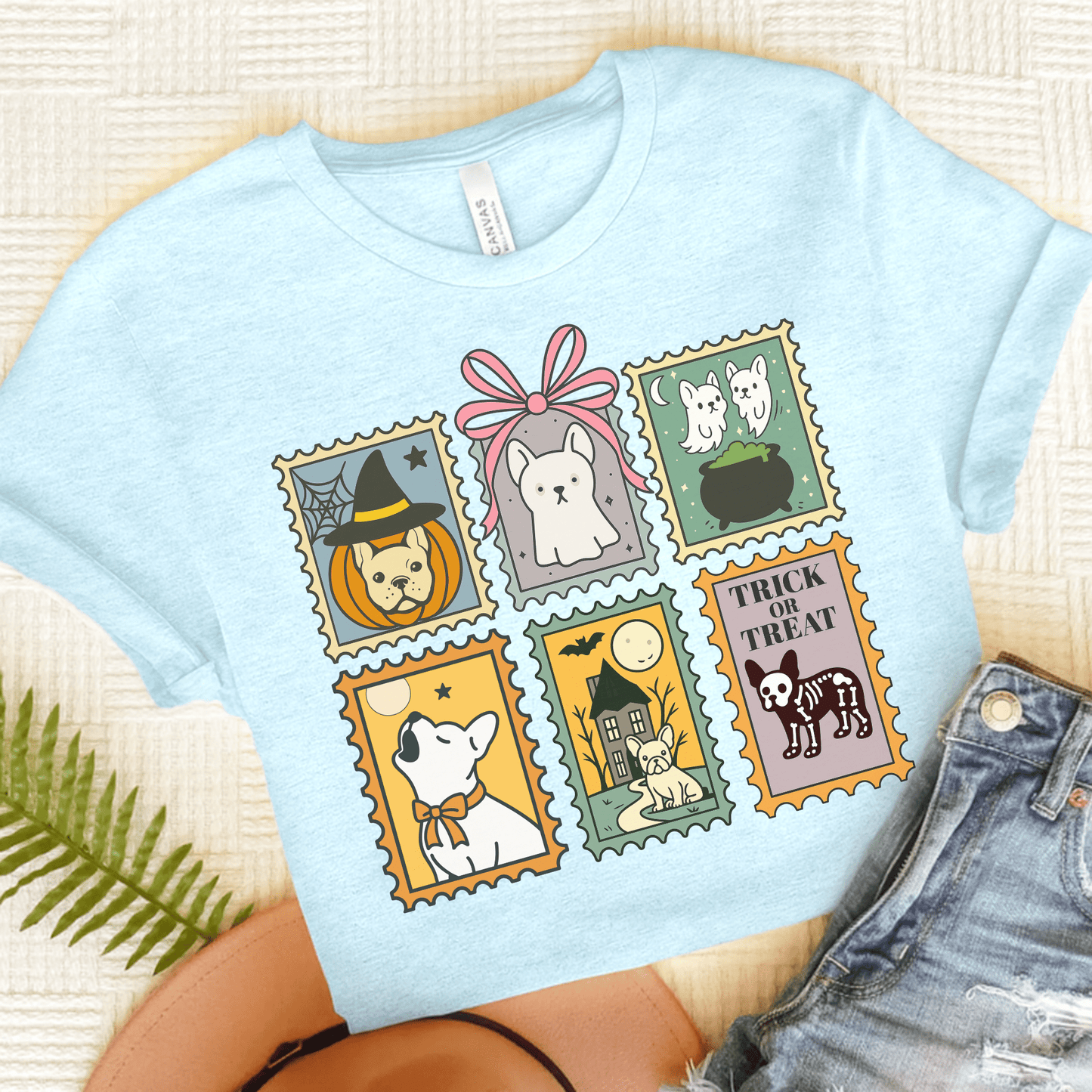 White Frenchie Spooky Stamps TShirt Heather Ice Blue