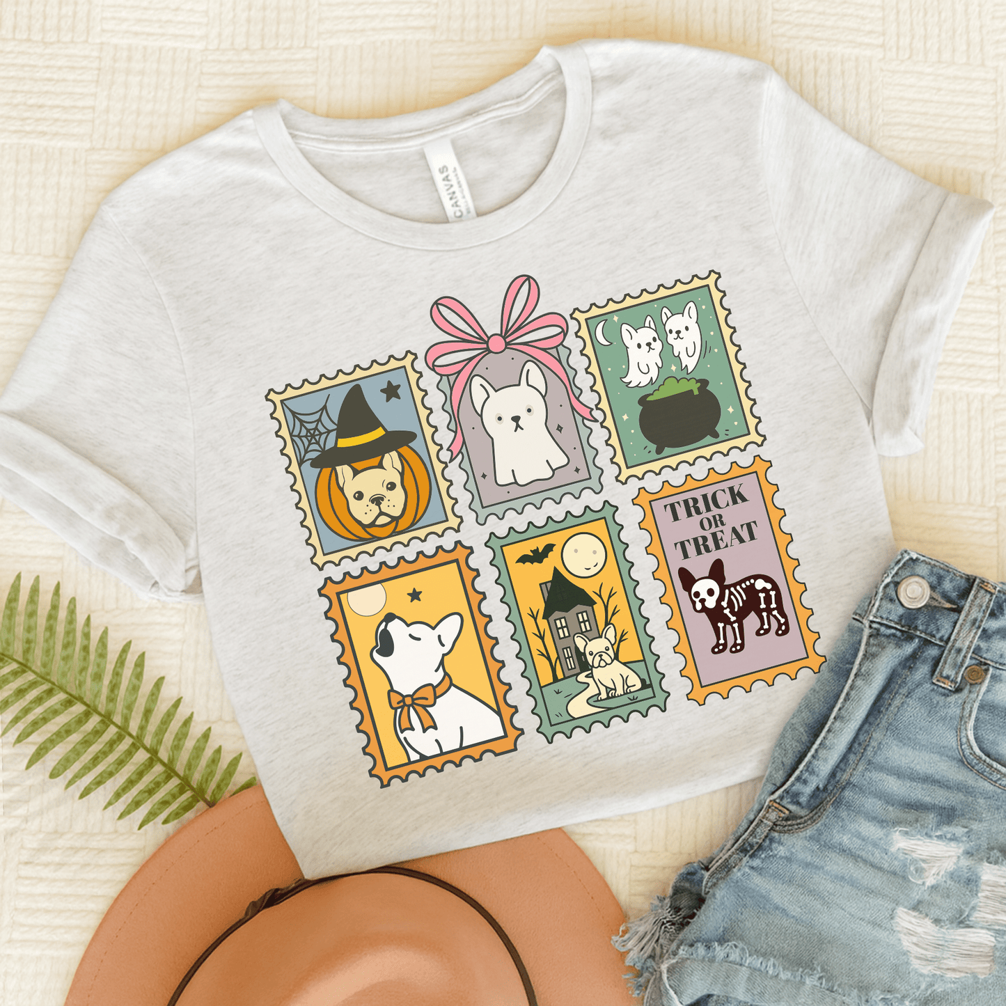 White Frenchie Spooky Stamps TShirt Ash
