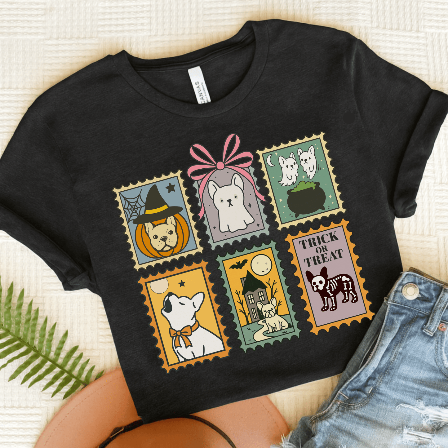 White Frenchie Spooky Stamps TShirt Black Heather