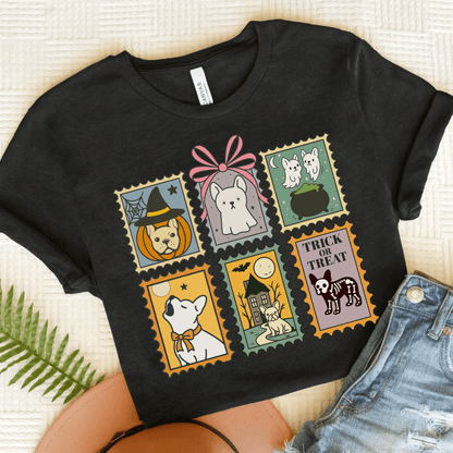White Frenchie Spooky Stamps TShirt Black Heather