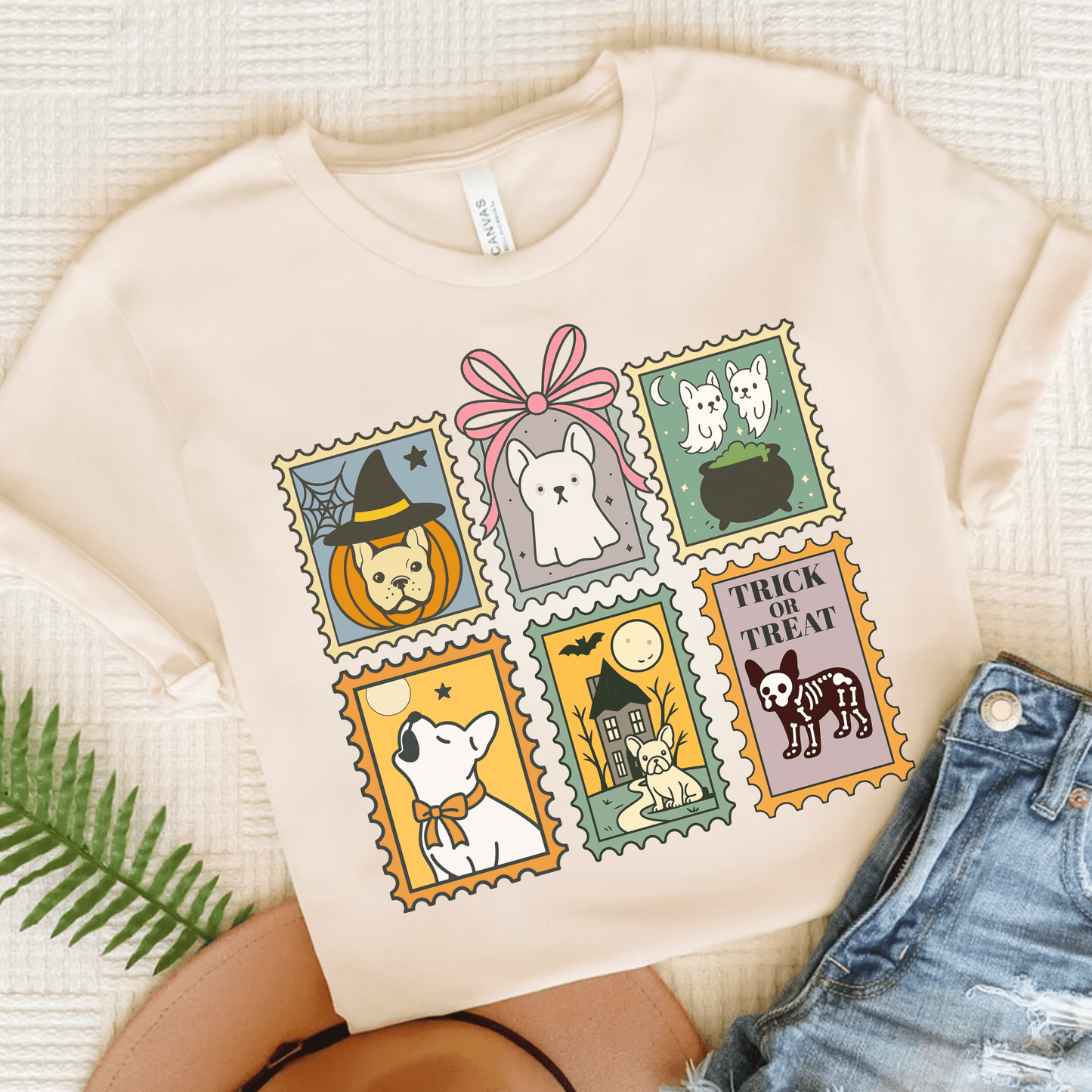 White Frenchie Spooky Stamps TShirt Natural