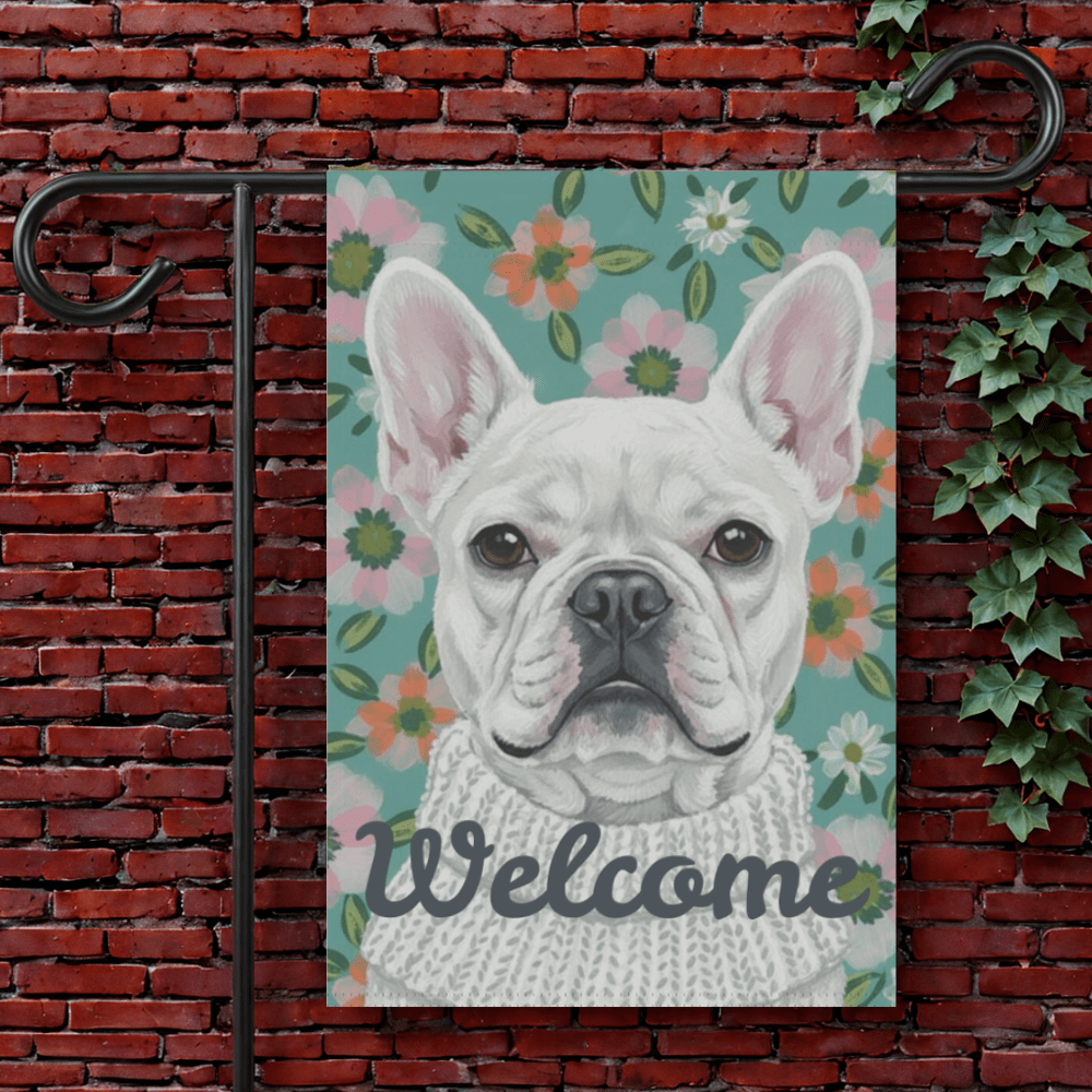 White Frenchie Spring Flowers Garden Yard Flag 12'' × 18''