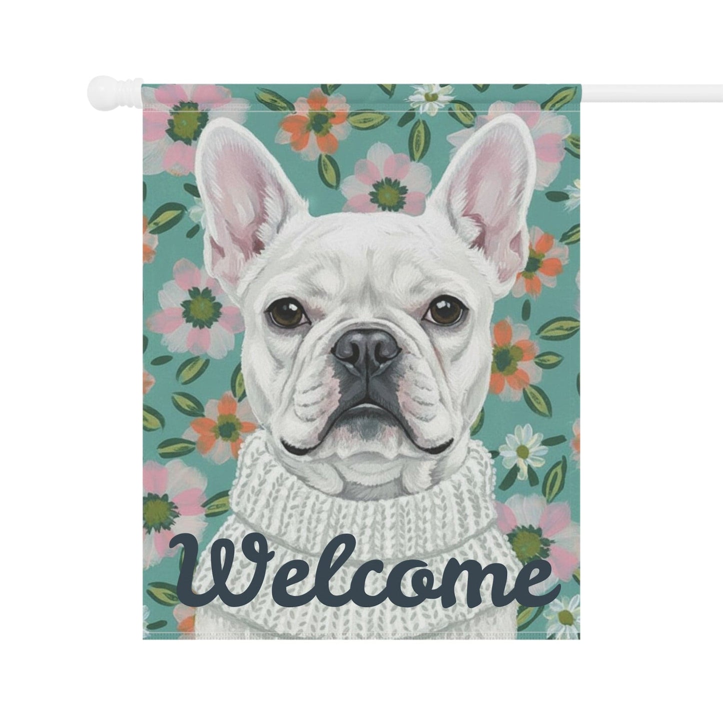 White Frenchie Spring Flowers Garden Yard Flag