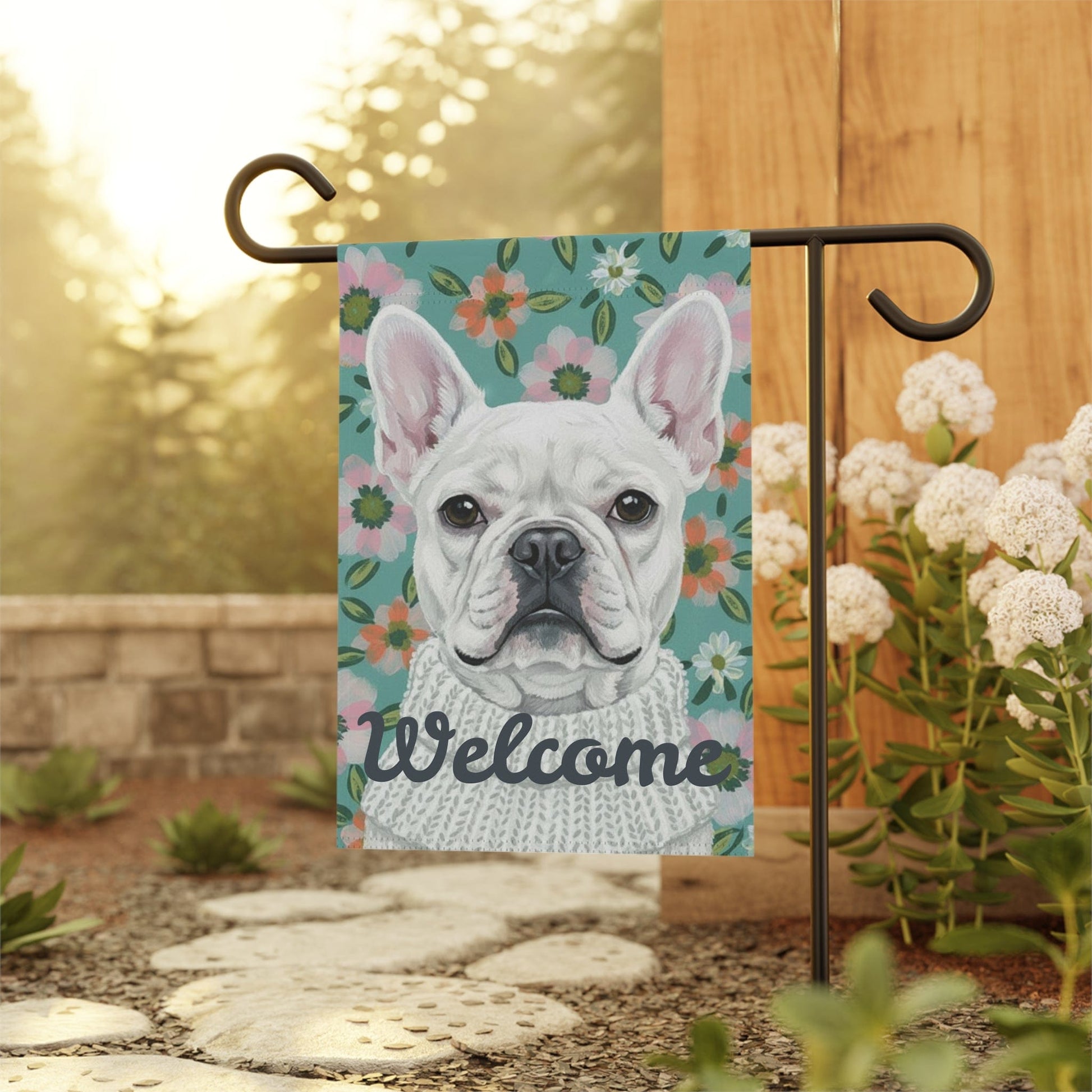 White Frenchie Spring Flowers Garden Yard Flag