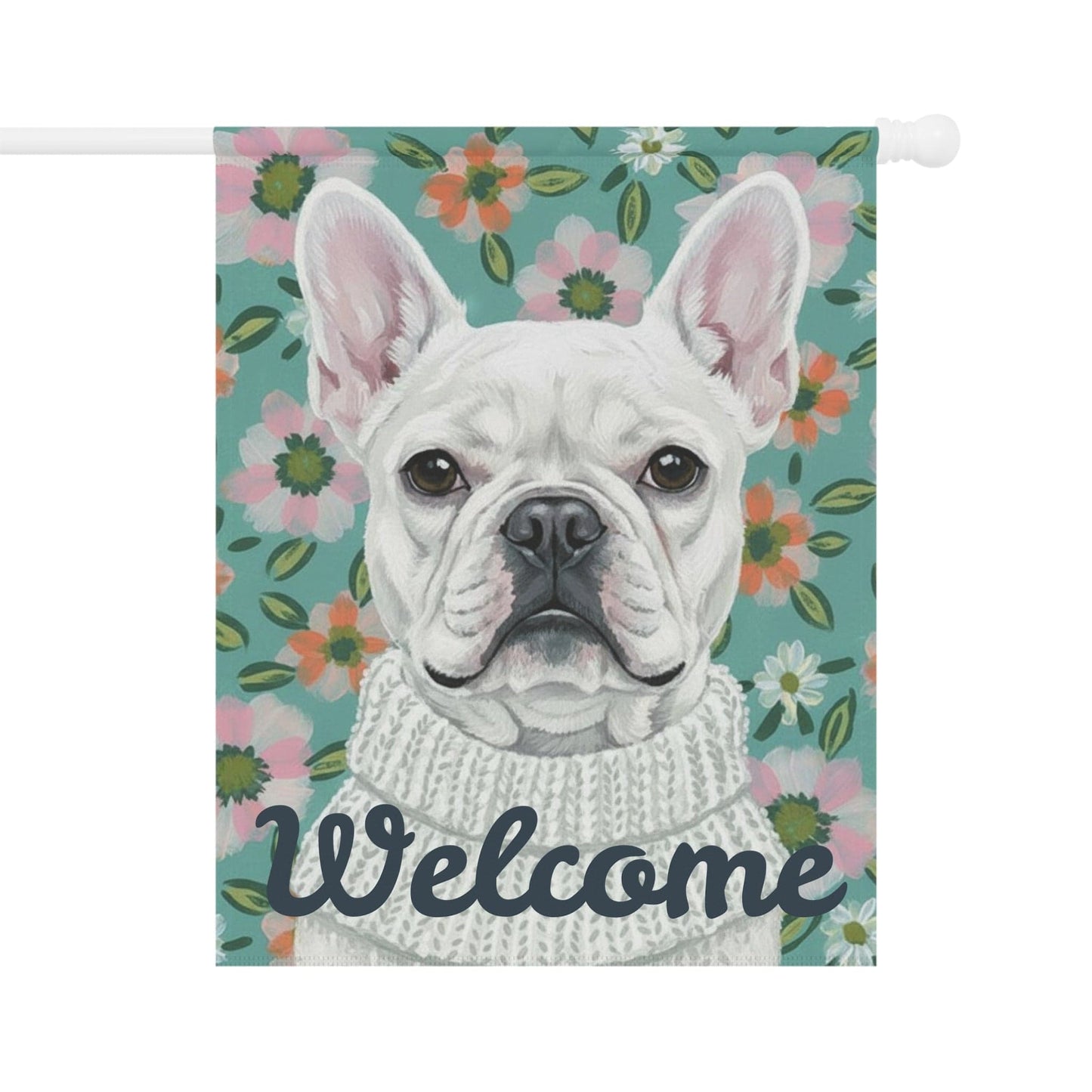 White Frenchie Spring Flowers Garden Yard Flag
