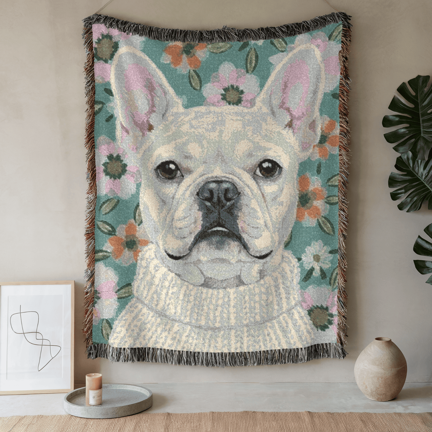 White Frenchie Spring Flowers Woven Blanket 80" × 60"