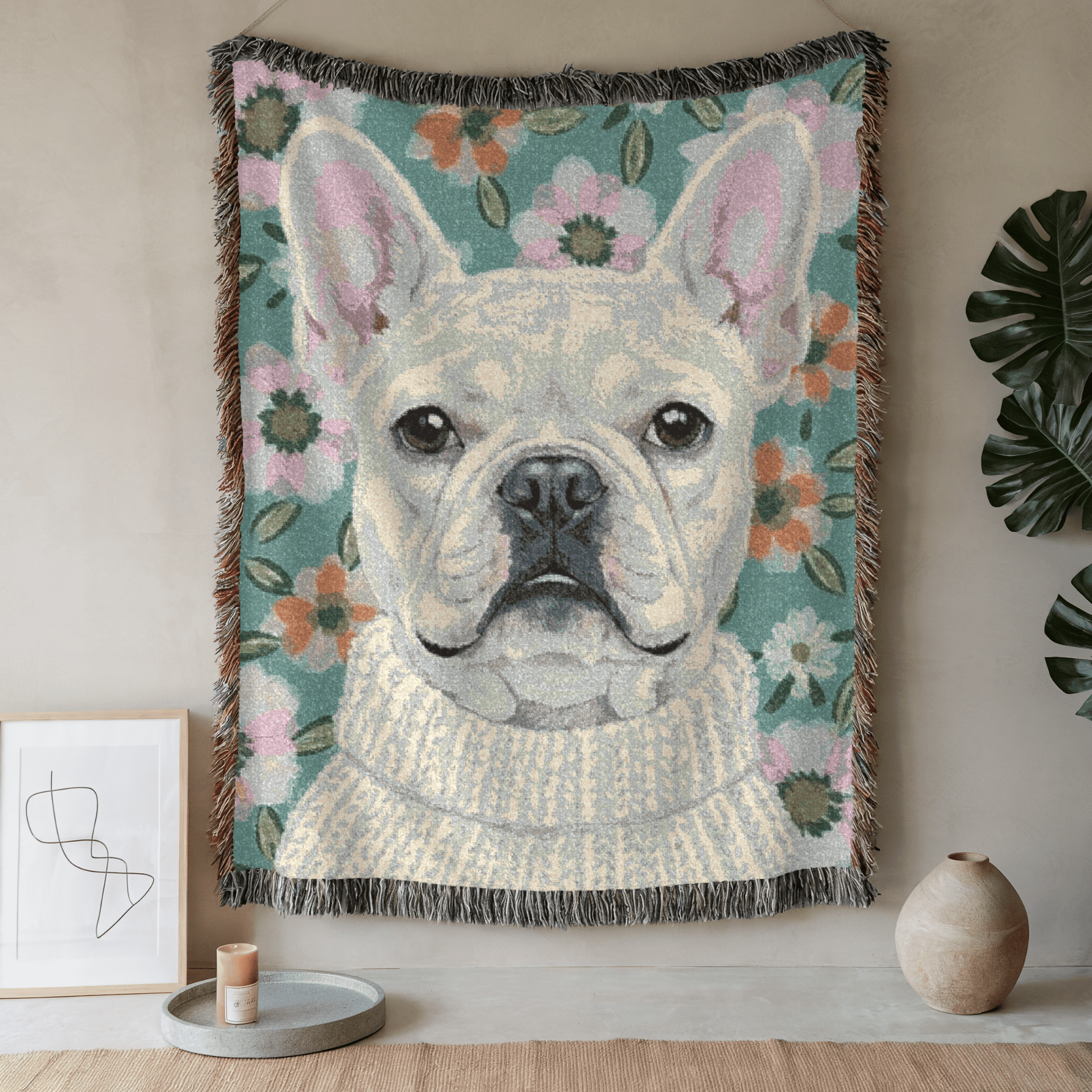 White Frenchie Spring Flowers Woven Blanket 80" × 60"