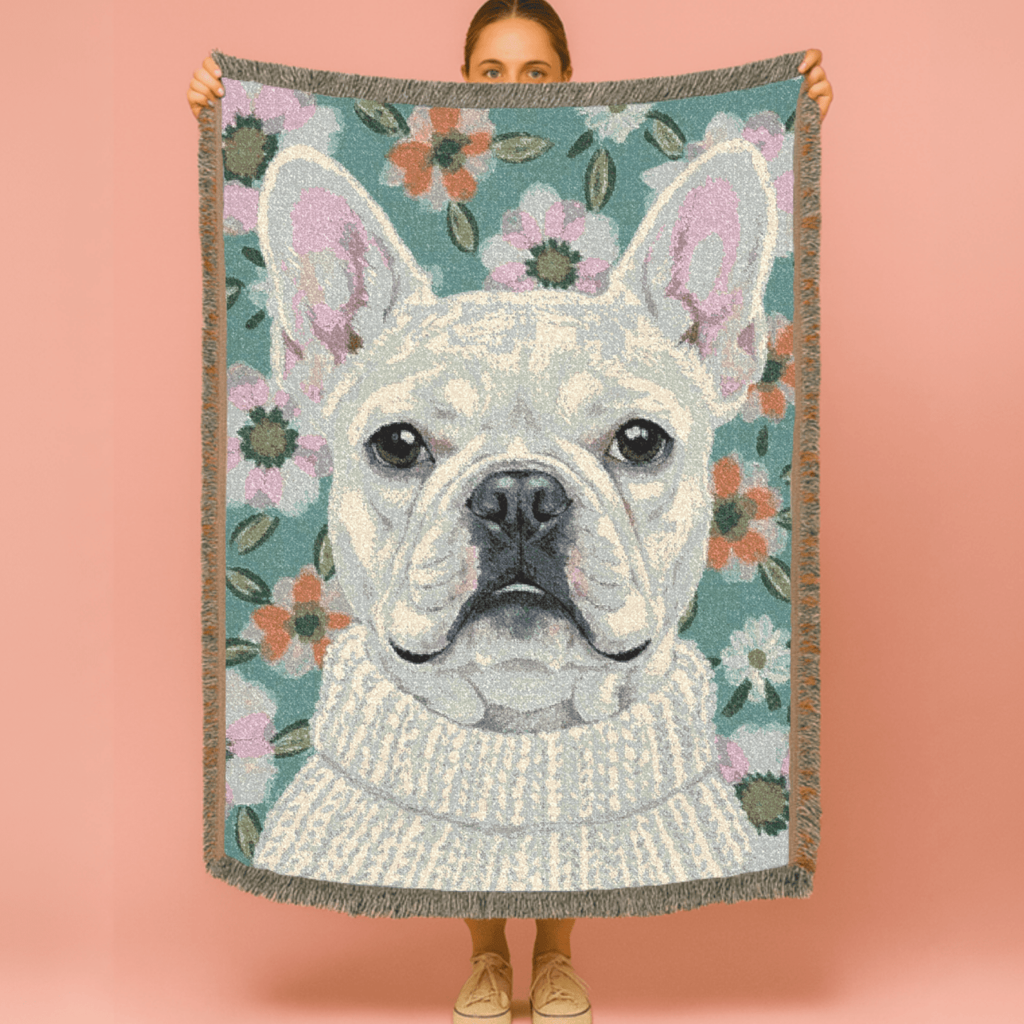White Frenchie Spring Flowers Woven Blanket