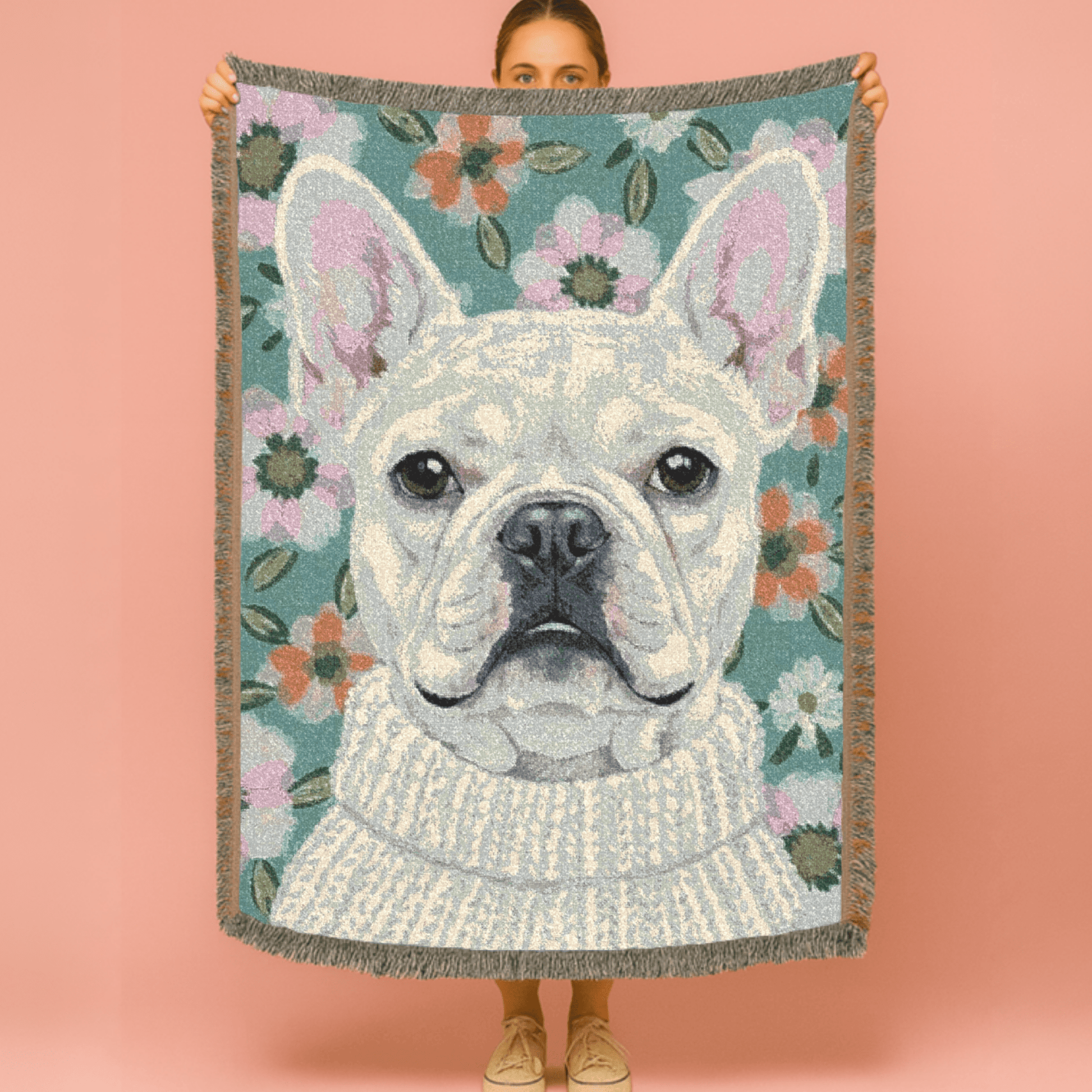 White Frenchie Spring Flowers Woven Blanket