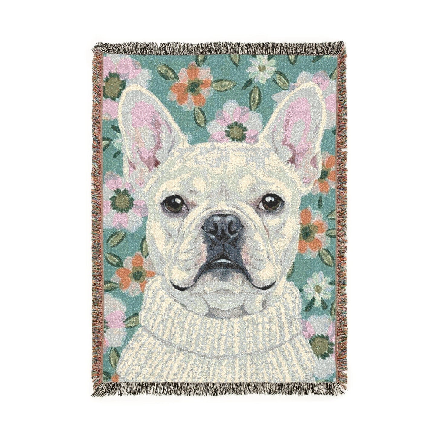 White Frenchie Spring Flowers Woven Blanket
