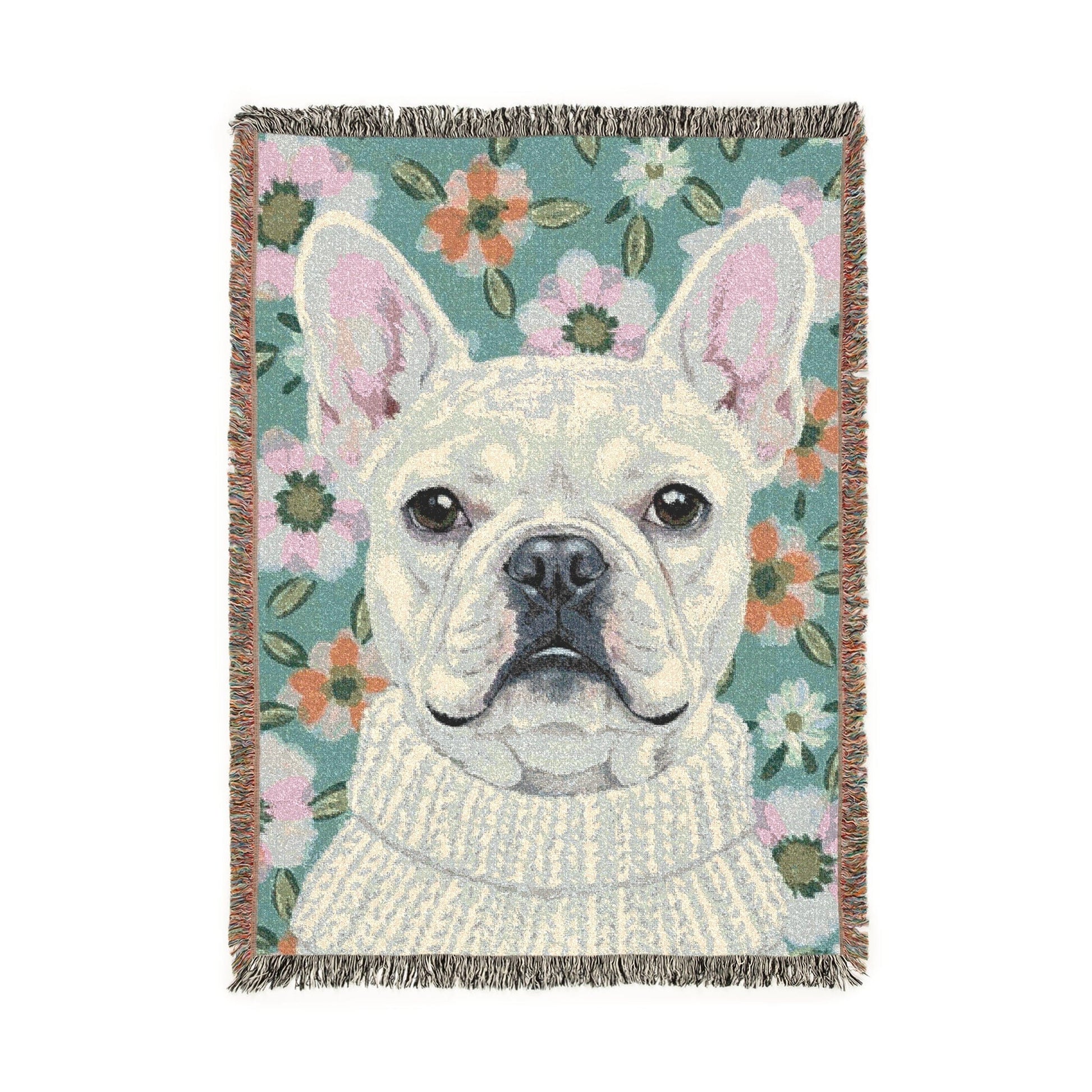 White Frenchie Spring Flowers Woven Blanket