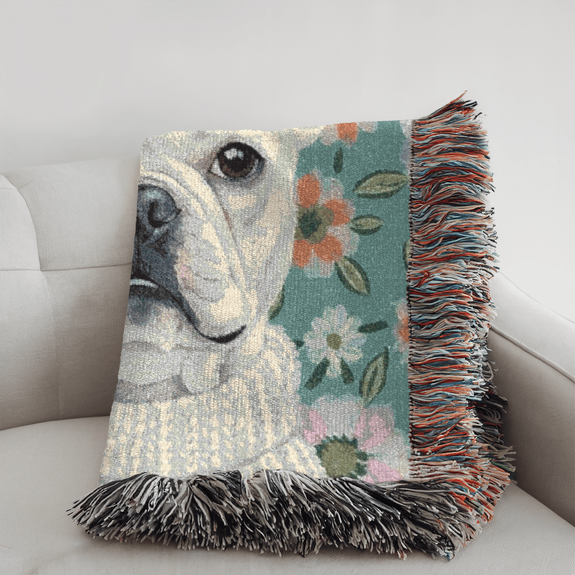 White Frenchie Spring Flowers Woven Blanket