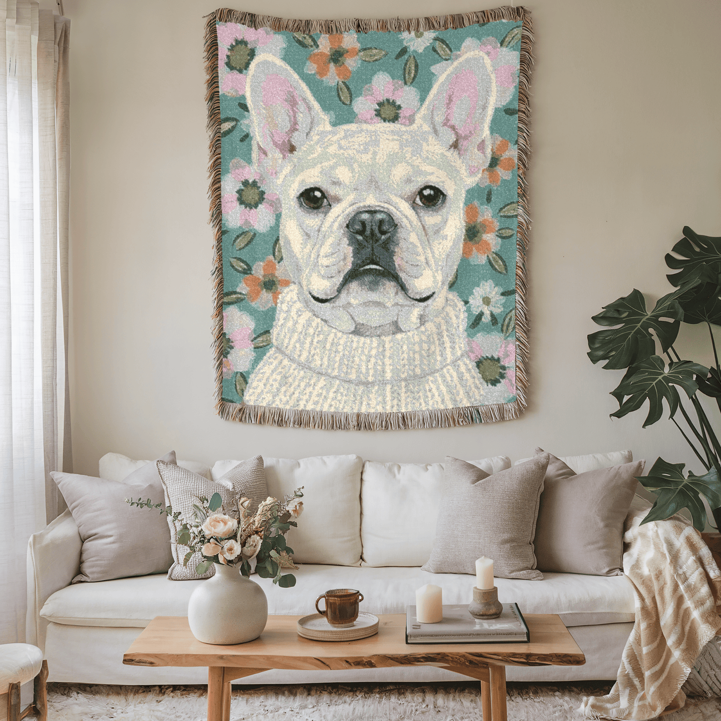White Frenchie Spring Flowers Woven Blanket