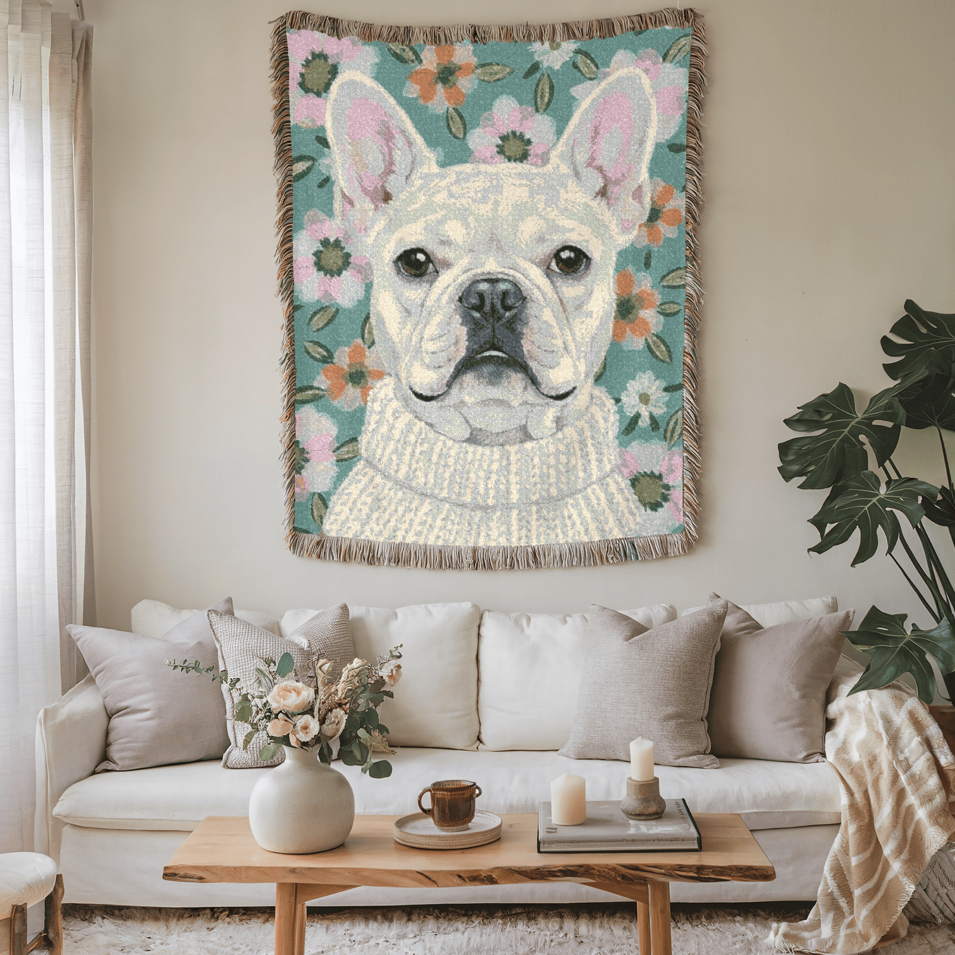 White Frenchie Spring Flowers Woven Blanket