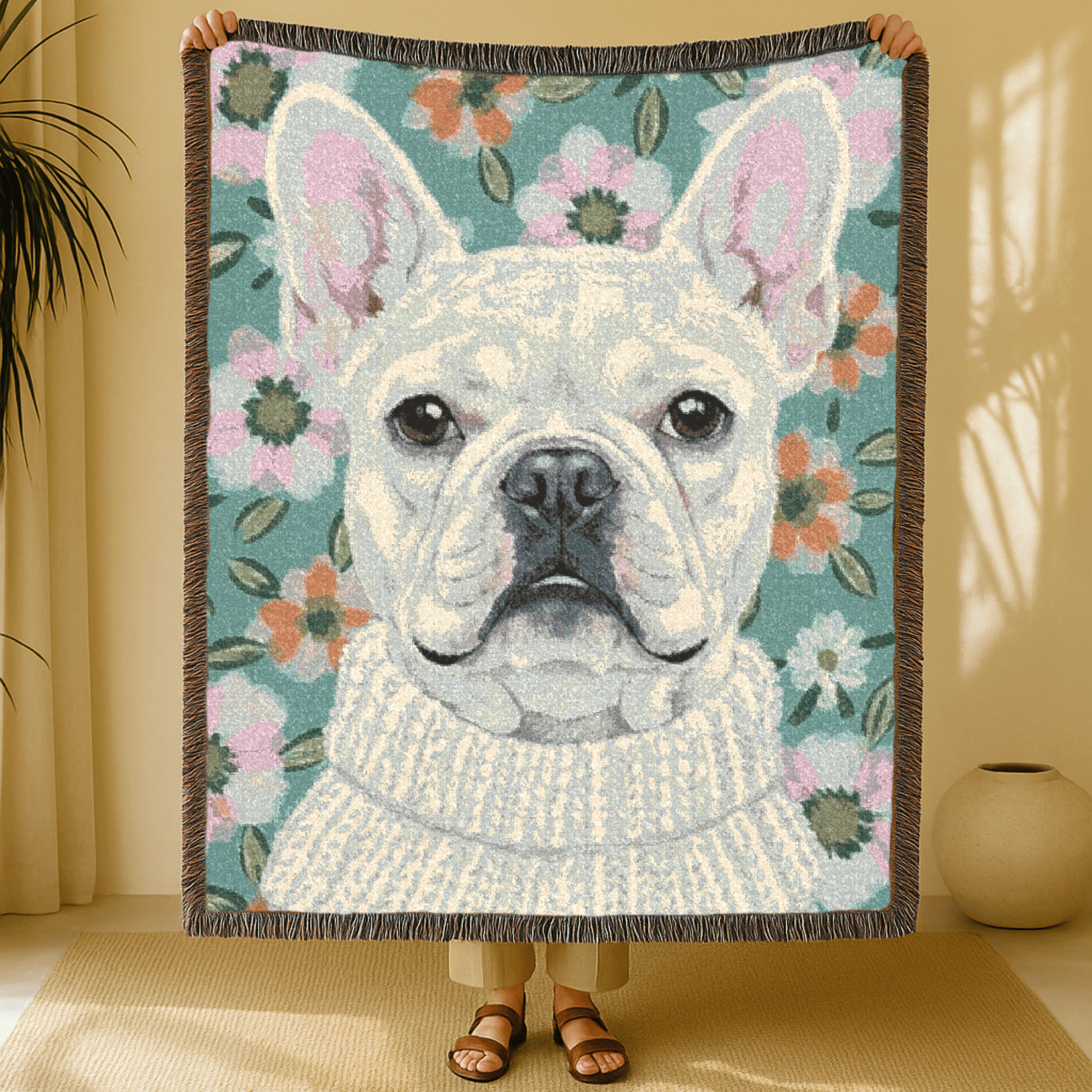White Frenchie Spring Flowers Woven Blanket