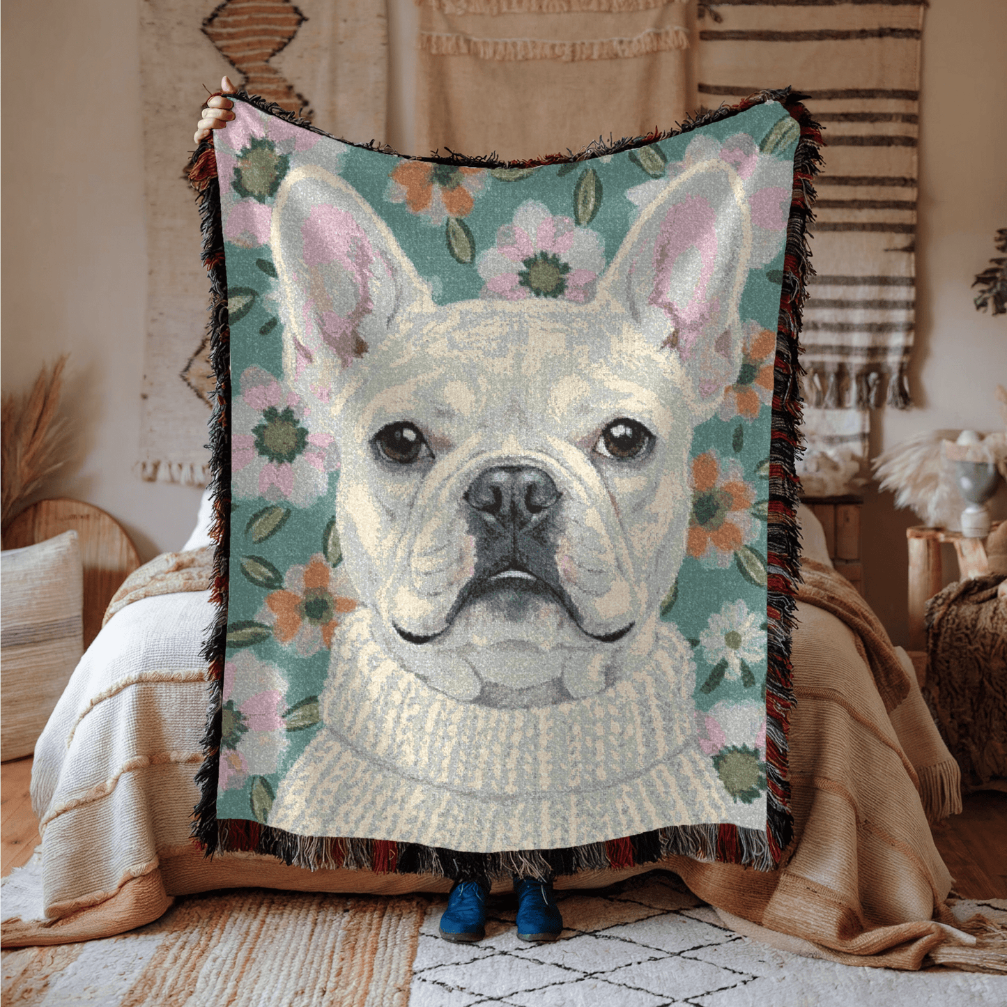 White Frenchie Spring Flowers Woven Blanket