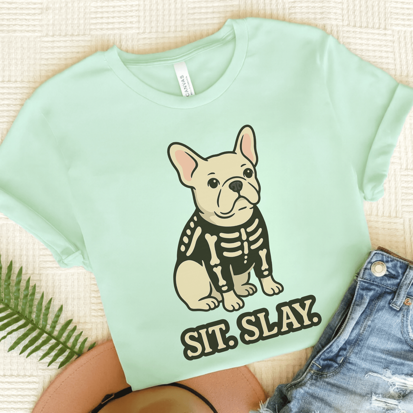 White Frenchie Stay. Slay. TShirt Heather Mint