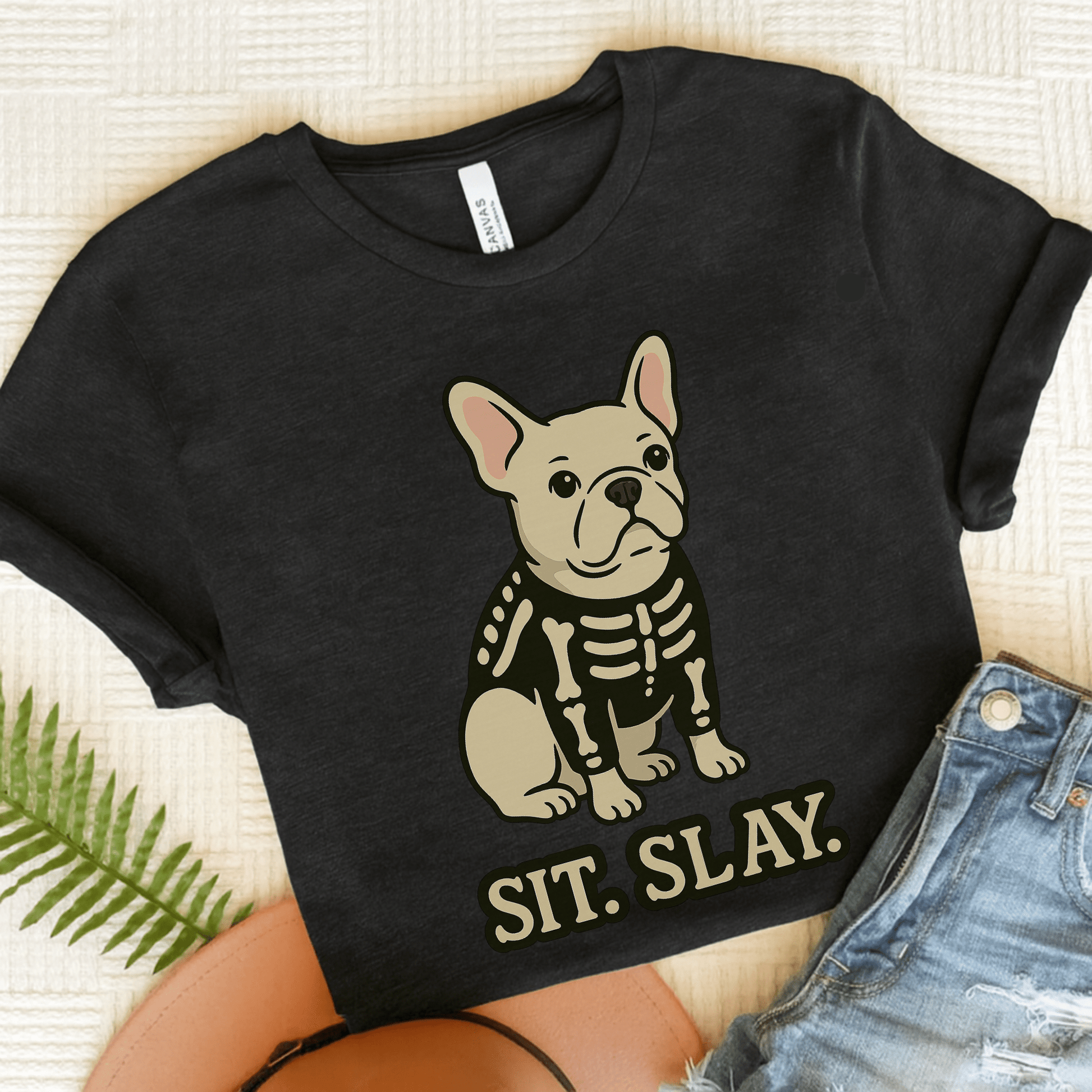 White Frenchie Stay. Slay. TShirt Dark Grey Heather