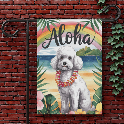 Printify Garden Flag 12'' × 18'' White Miniature Poodle Aloha Garden Flag