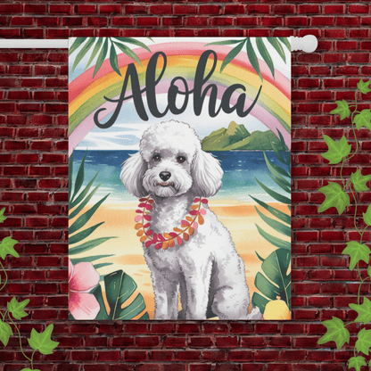 Printify Garden Flag 24.5'' × 32'' White Miniature Poodle Aloha Garden Flag