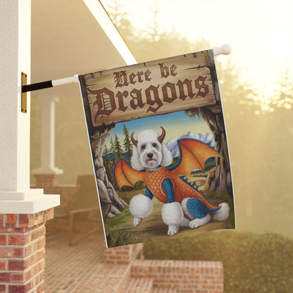 Printify Home Decor White Poodle Dog Dragon Garden Flag, Fantasy Pet Yard Spring Decor, Housewarming Halloween